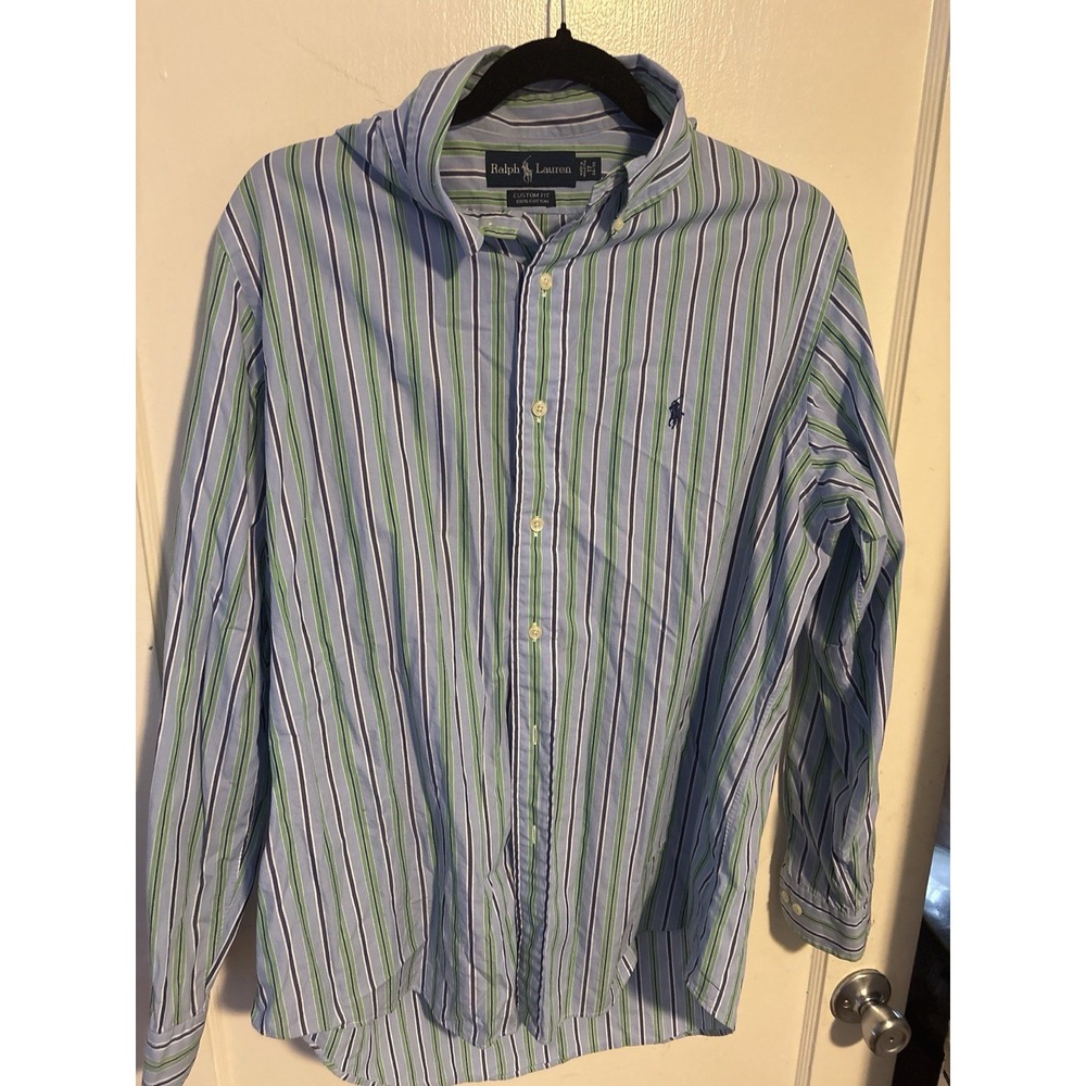 Ralph Lauren Custom Fit Men's Large Long Sleeve Shirt Blue Green Stripe 17 34/35